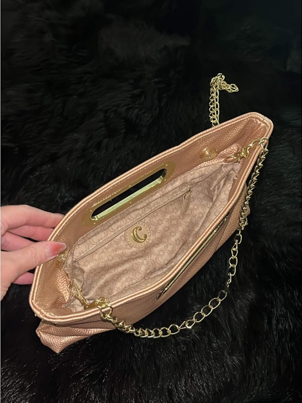 Rose Gold Metallic Pebble Grain Clutch Shoulder Bag Gold Chain Strap Handbag - Picture 2 of 6